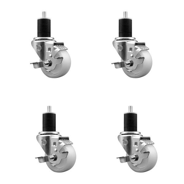 3'' SS Nylon Swivel 1-3/4'' Expanding Stem Caster Set with Brake, 4PK